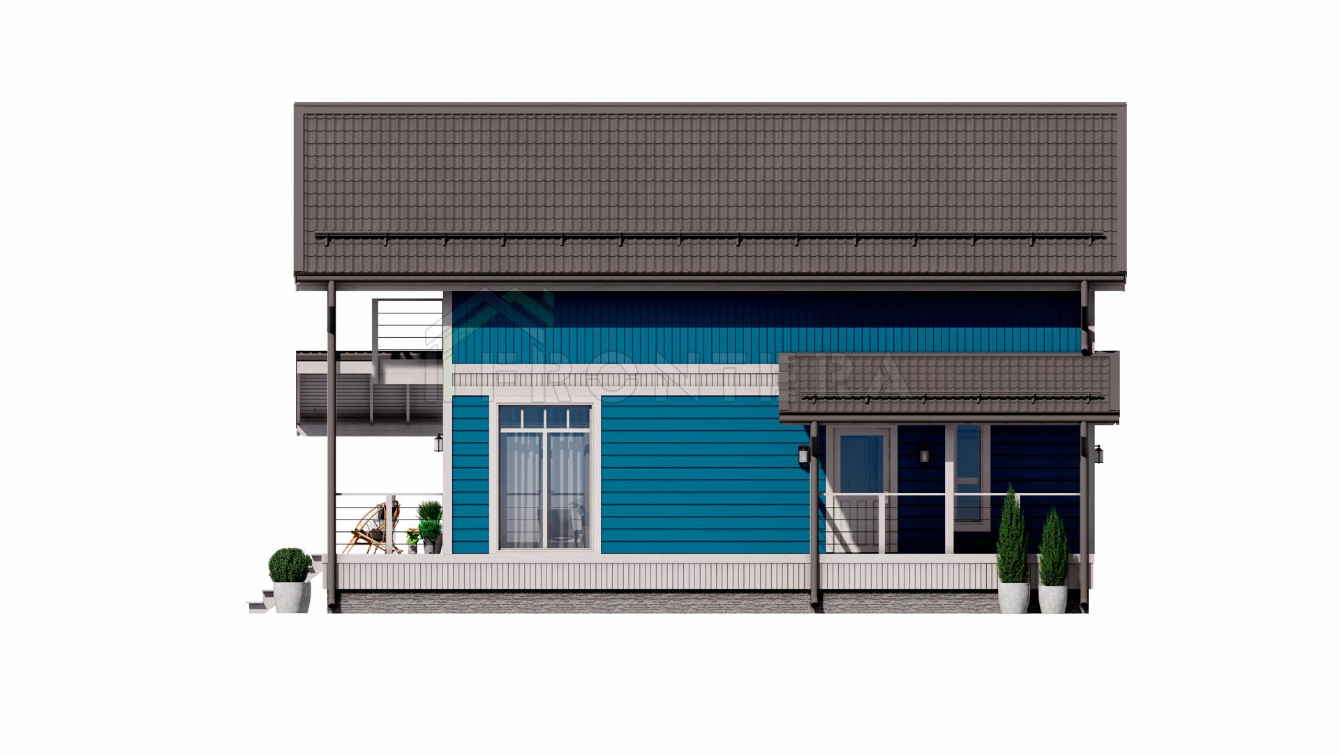 Проект каркасного дома КЛАССИК 148 с мансардой c балконом с панорамным остеклением с террасой и крыльцом
