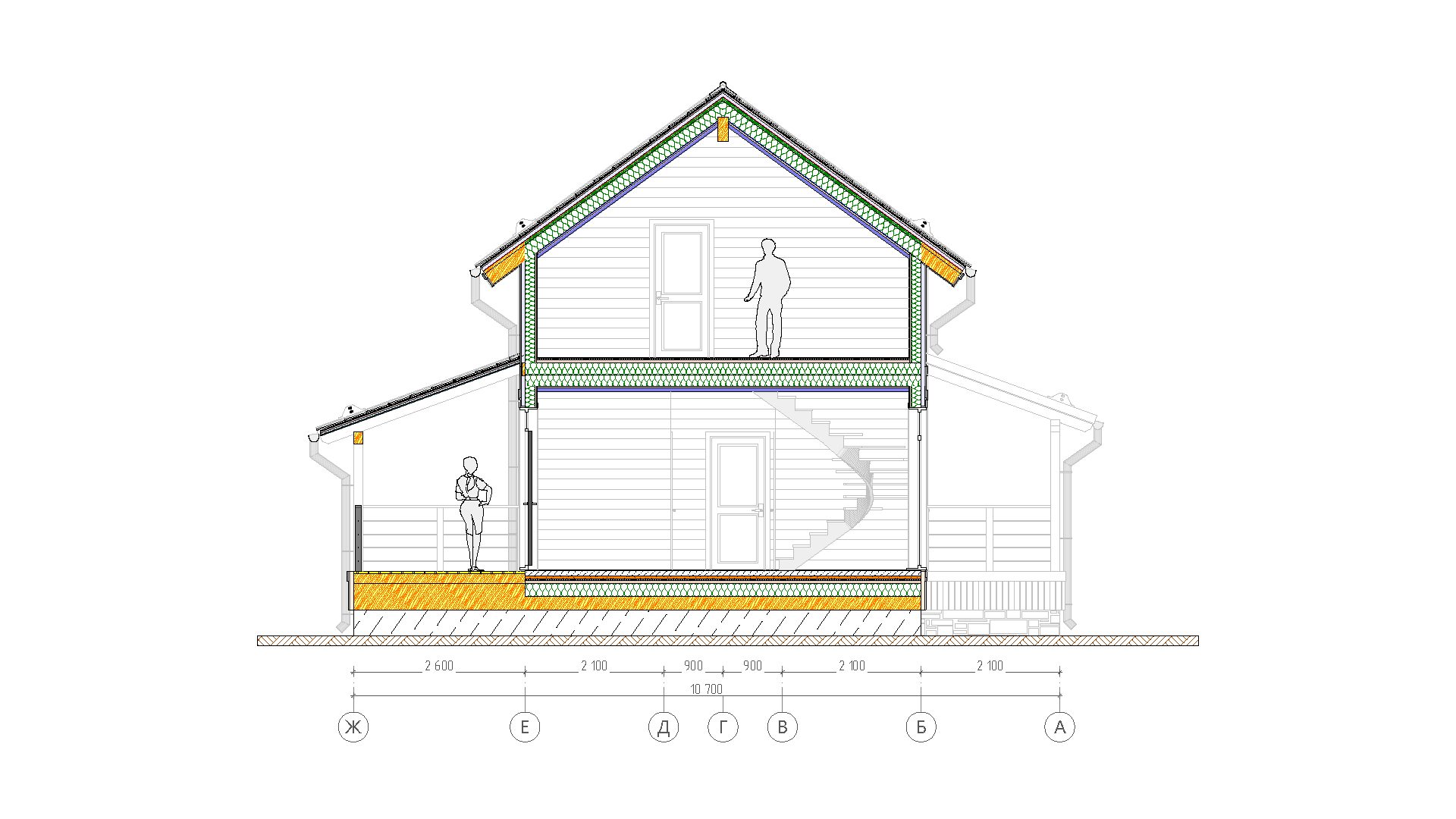 Проект каркасного дома КЛАССИК 148 с мансардой c балконом с панорамным остеклением с террасой и крыльцом Разрез дома