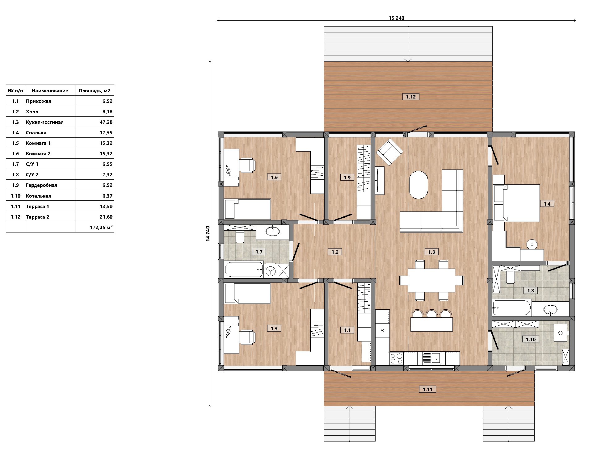 Проект дома фахверк РЕАЛ 172 одноэтажный с плоской кровлей, фахверк с высоким потолком, фахверк с большой гостиной