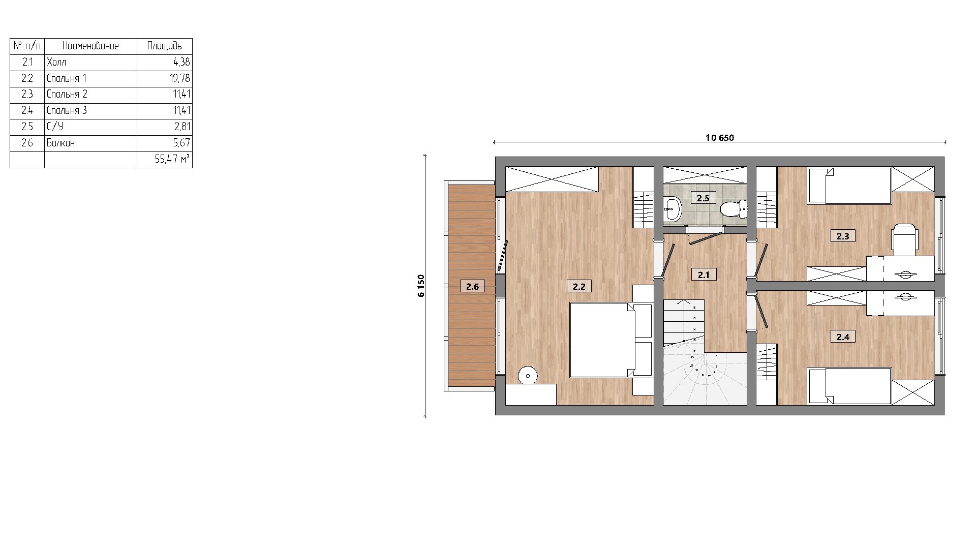Проект каркасного дома КЛАССИК 148 с мансардой c балконом с панорамным остеклением с террасой и крыльцом Планировка 2-го этажа