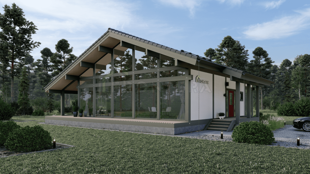 Проект дома фахверк РАУМ 203 одноэтажный в стиле шале с большим панорамным остеклением